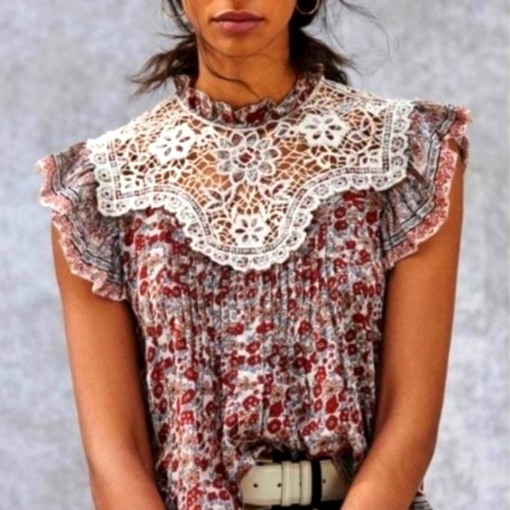 Anthropologie Floral Lace Yoke Sleeveless Blouse in Cream and Rust